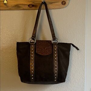 Shyanne Brown Metallic Tooled Leather Suede Studded Crossbody Shoulder Tote Bag